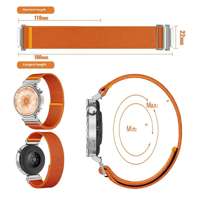 For Huawei Watch GT 5 41mm Nylon Watch Band 18mm Adjustable Elastic Replacement Strap - Orange