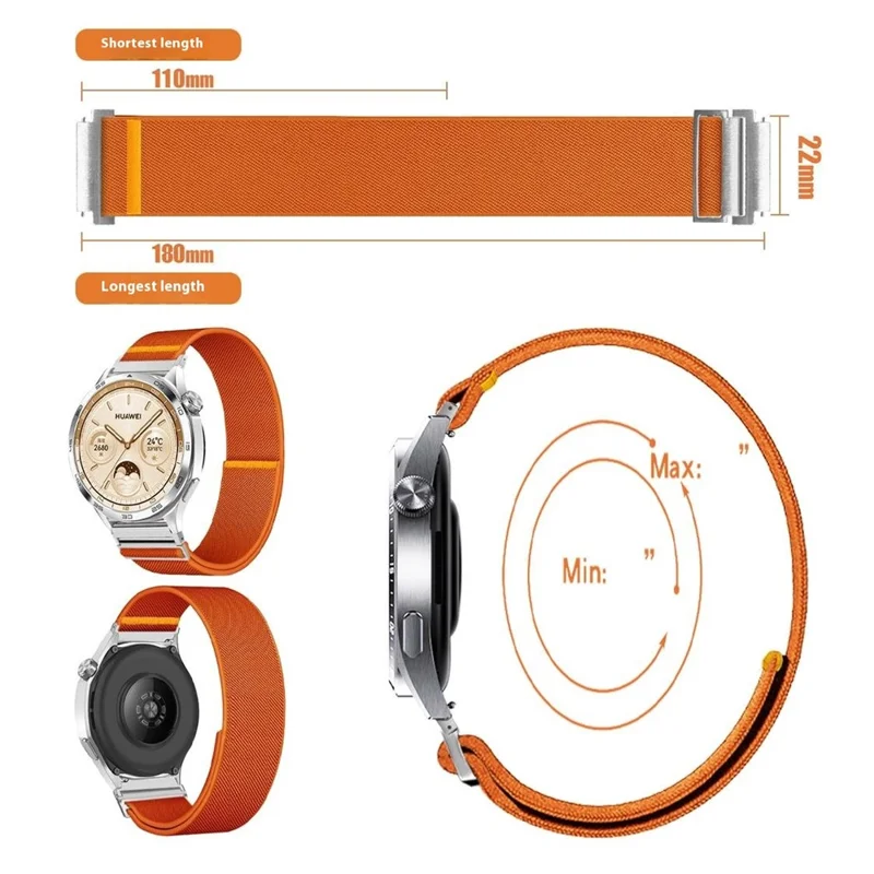 For Huawei Watch GT 5 46mm Nylon Watch Band 22mm Adjustable Elastic Replacement Strap - Yellow