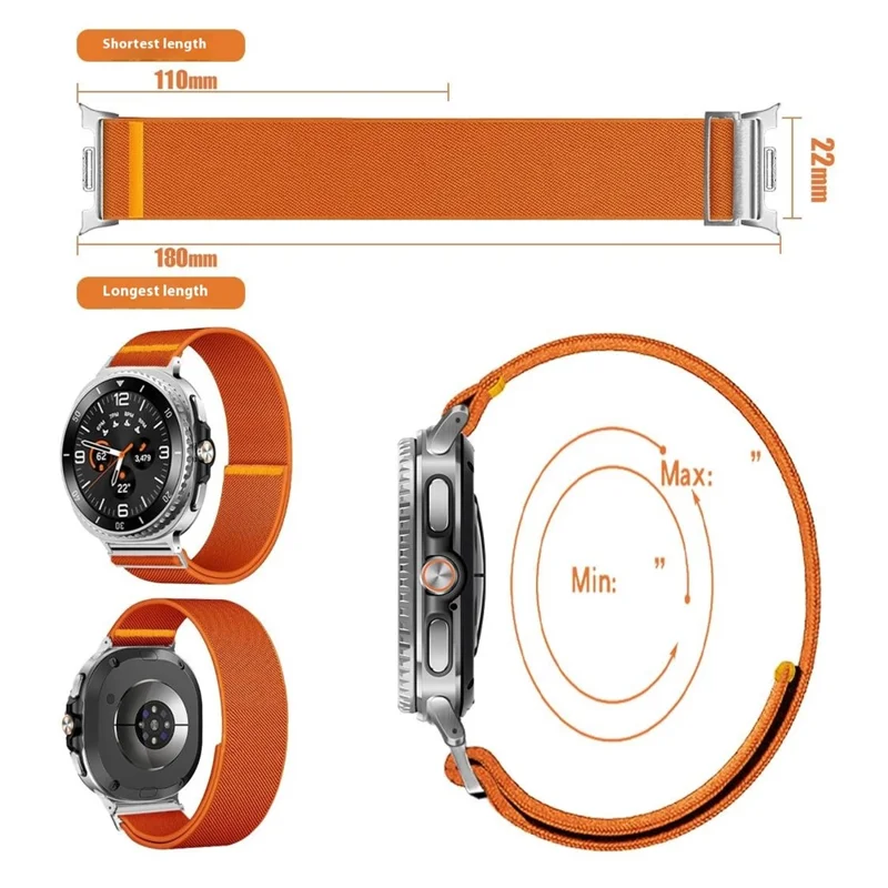 Nylon Watch Band for Samsung Galaxy Watch8 44mm / 40mm / Watch8 Classic 46mm Adjustable Elastic Replacement Strap - Orange