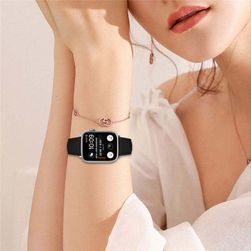 Replacement Strap for Apple Watch Series 11 10 42mm / 9 8 7 41mm / SE3 SE2 SE 6 5 4 40mm / 3 2 1 38mm Litchi Texture PU Leather Watch Band - Black