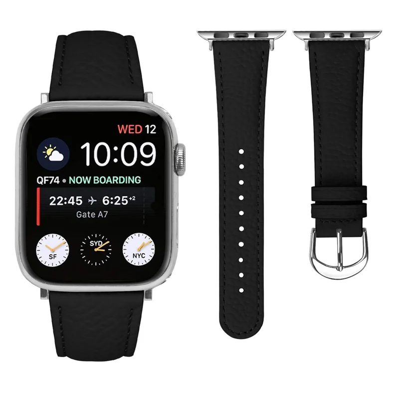 Replacement Strap for Apple Watch Series 10 Ultra 9 8 7 SE 6 5 4 3 2 1 46mm 49mm 45mm 44mm 42mm Litchi Texture PU Leather Watch Band - Black