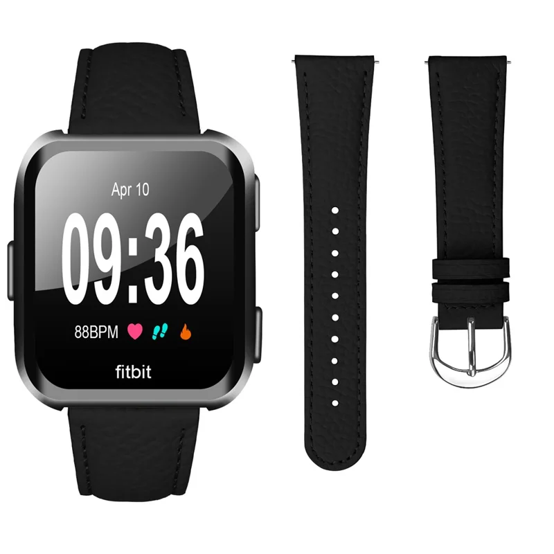 Replacement Strap for Fitbit Versa / Versa Lite / Versa 2 Litchi Texture PU Leather Watch Band with Metal Buckle - Black