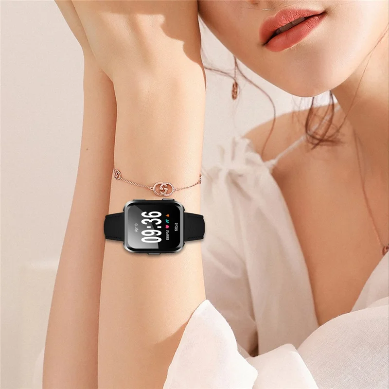 Replacement Strap for Fitbit Versa / Versa Lite / Versa 2 Litchi Texture PU Leather Watch Band with Metal Buckle - Black