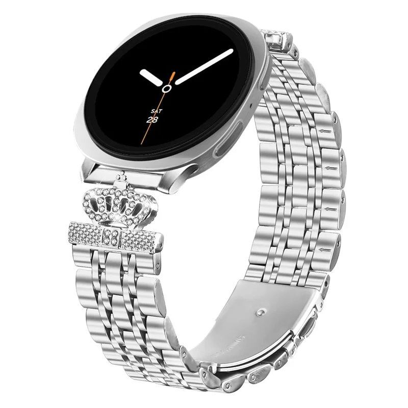 Silver Watch Band with Connector for Samsung Galaxy Watch Ultra 47mm 7-Bead Rhinestone Crown Metal Strap