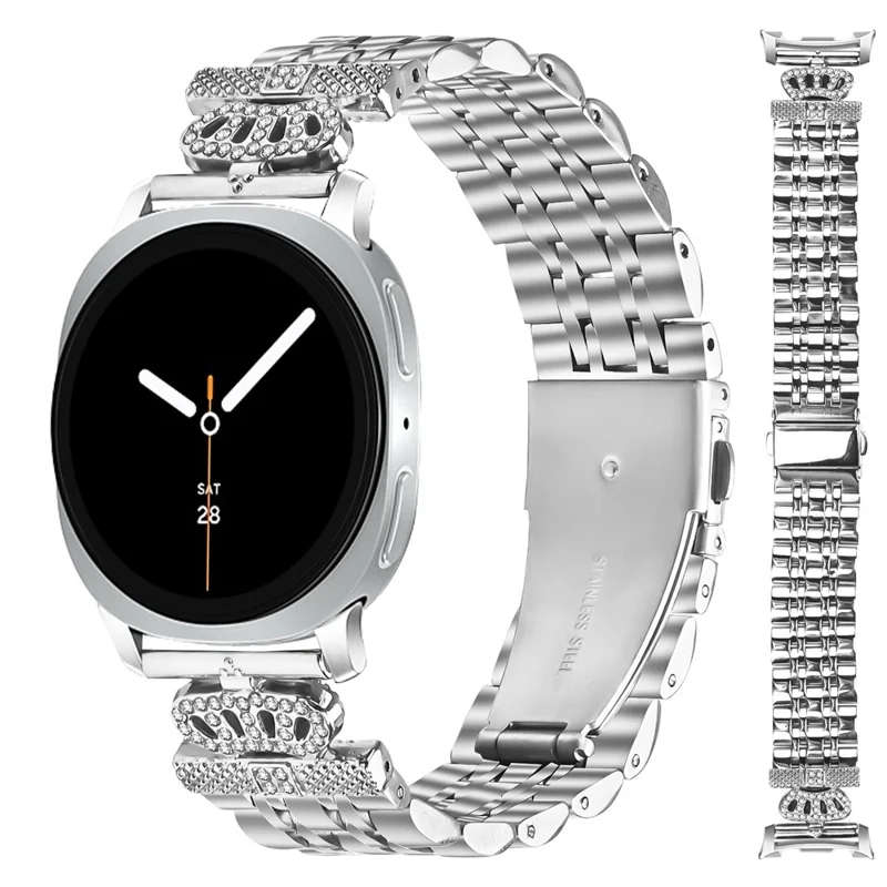 Silver Watch Band with Connector for Samsung Galaxy Watch Ultra 47mm 7-Bead Rhinestone Crown Metal Strap