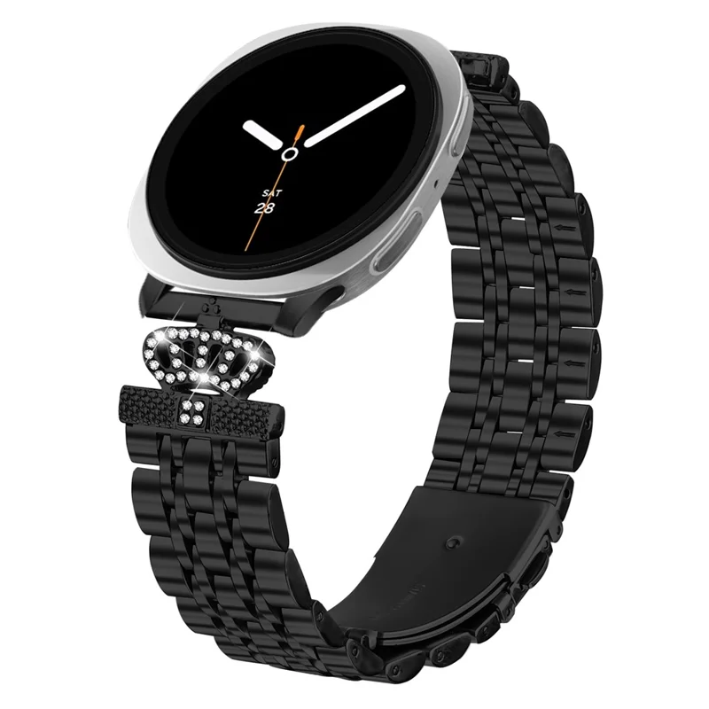 Watch Band with Connector for Samsung Galaxy Watch Ultra 47mm 7-Bead Rhinestone Crown Metal Strap - Black