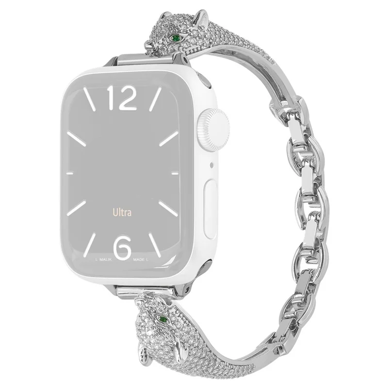 Watch Band For Apple Watch Series 11 10 42mm / 9 8 7 41mm / SE3 SE2 SE 6 5 4 40mm / 3 2 1 38mm Copper + Zircon Leopard Head Strap - Silver