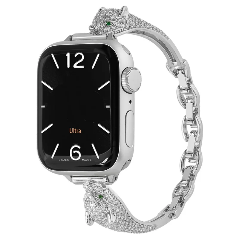 Watch Band For Apple Watch Series 11 10 42mm / 9 8 7 41mm / SE3 SE2 SE 6 5 4 40mm / 3 2 1 38mm Copper + Zircon Leopard Head Strap - Silver