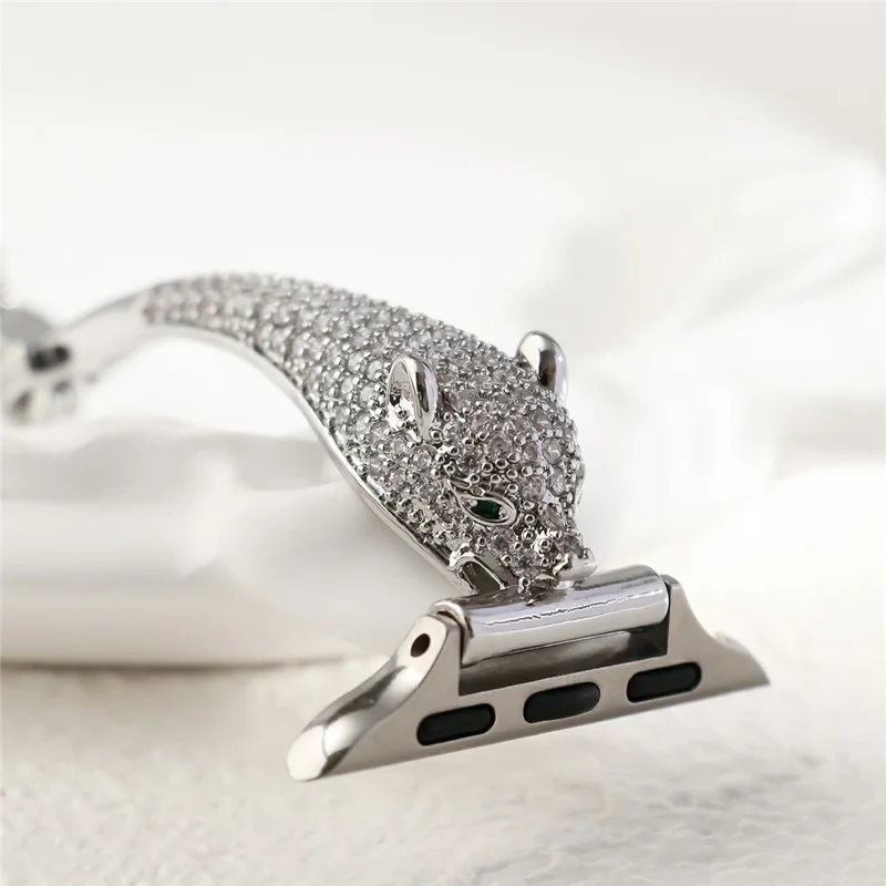 Watch Band For Apple Watch Series 11 10 42mm / 9 8 7 41mm / SE3 SE2 SE 6 5 4 40mm / 3 2 1 38mm Copper + Zircon Leopard Head Strap - Silver