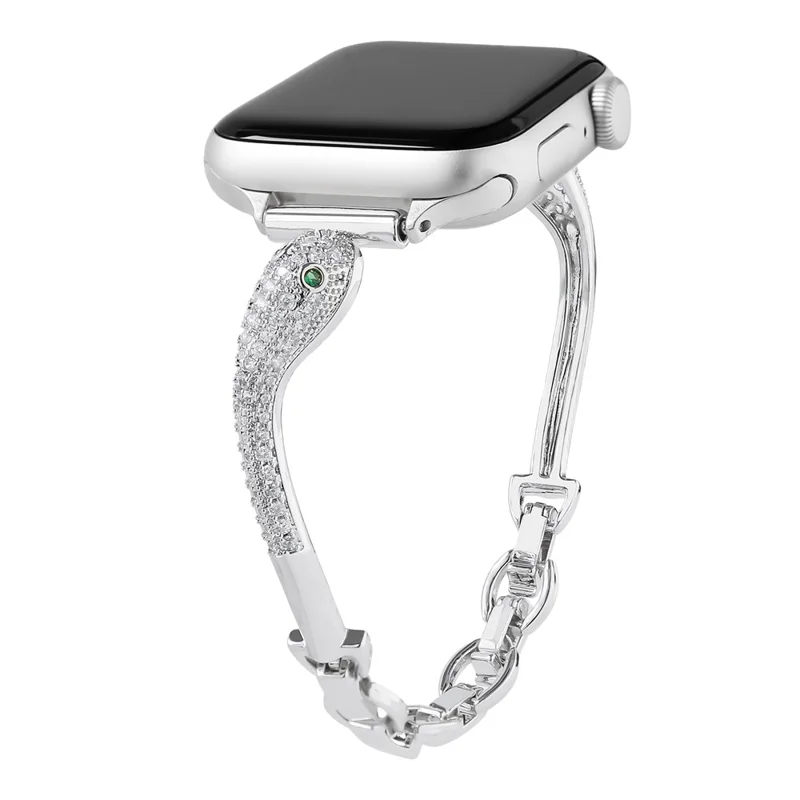 Banda de reloj de cobre para Apple Watch Series 10 Ultra 9 8 7 SE 6 5 4 3 2 1 46mm 49mm 45mm 44mm 42mm Decoración de zircón Correa con cabeza de serpiente - Plata