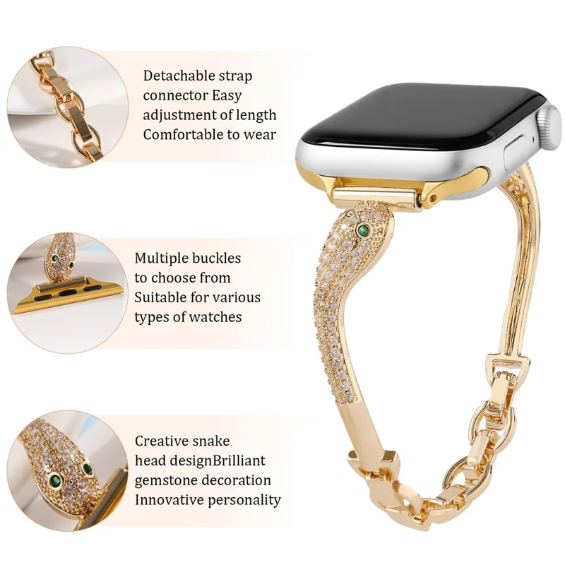 Banda de reloj de cobre para Apple Watch Series 10 Ultra 9 8 7 SE 6 5 4 3 2 1 46mm 49mm 45mm 44mm 42mm Decoración de zircón Correa con cabeza de serpiente - Plata