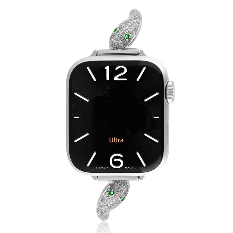 Banda de reloj de cobre para Apple Watch Series 10 Ultra 9 8 7 SE 6 5 4 3 2 1 46mm 49mm 45mm 44mm 42mm Decoración de zircón Correa con cabeza de serpiente - Plata