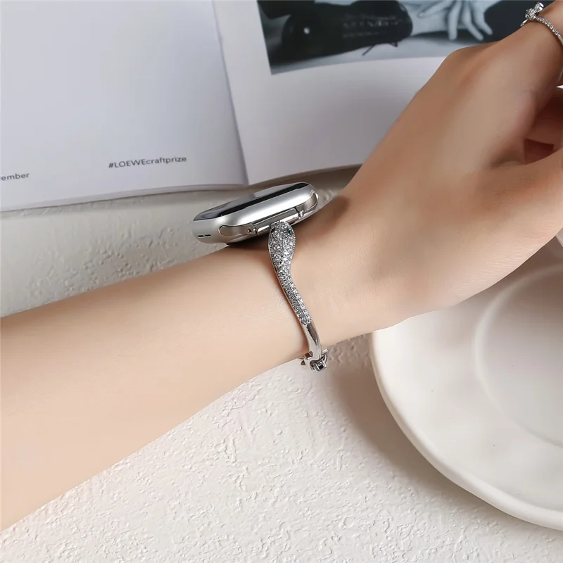 Banda de reloj de cobre para Apple Watch Series 10 Ultra 9 8 7 SE 6 5 4 3 2 1 46mm 49mm 45mm 44mm 42mm Decoración de zircón Correa con cabeza de serpiente - Plata