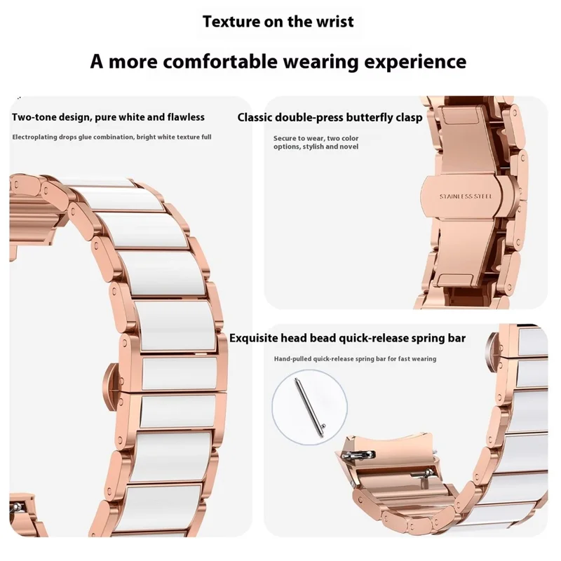 Für Huawei Watch 5 42mm Uhrenarmband Schmetterlingsverschluss Harz Zinklegierung Keramik-ähnliches Armband - Roségold / Weiß