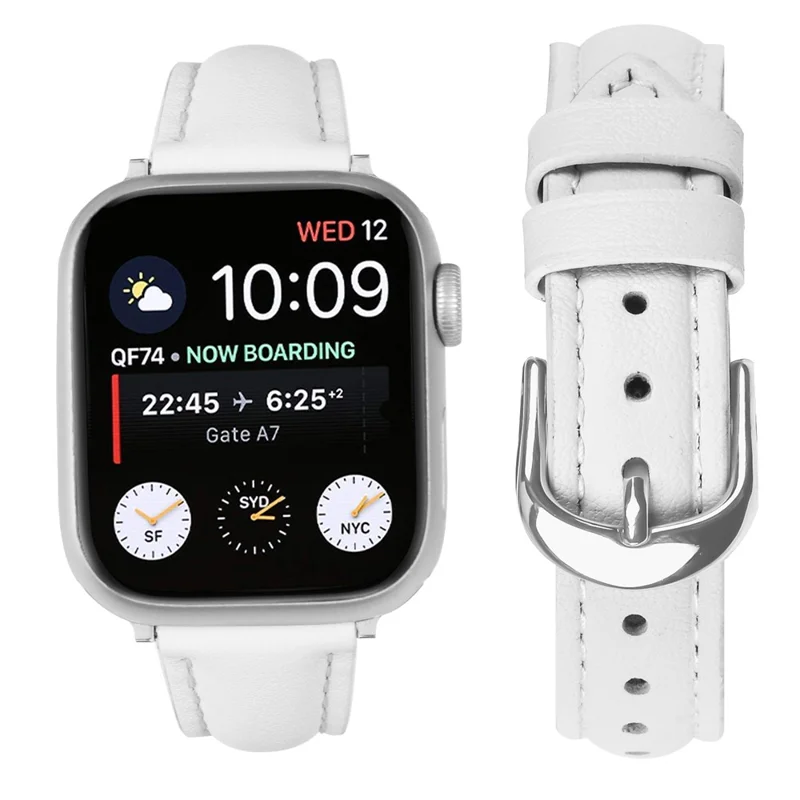 Watch Band for Apple Watch Series 11 10 42mm / 9 8 7 41mm / SE3 SE2 SE 6 5 4 40mm / 3 2 1 38mm Silver Buckle Slim Leather Strap - White
