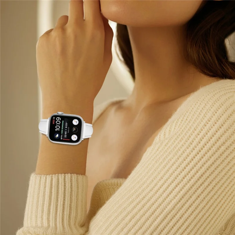 Watch Band for Apple Watch Series 11 10 42mm / 9 8 7 41mm / SE3 SE2 SE 6 5 4 40mm / 3 2 1 38mm Silver Buckle Slim Leather Strap - White
