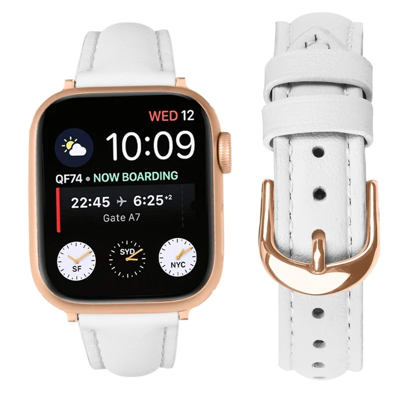 Pulseira de Couro Fino com Fivela Ouro Rosa para Apple Watch Series 10 Ultra 9 8 7 SE 6 5 4 3 2 1 42mm 41mm 40mm 38mm - Branco