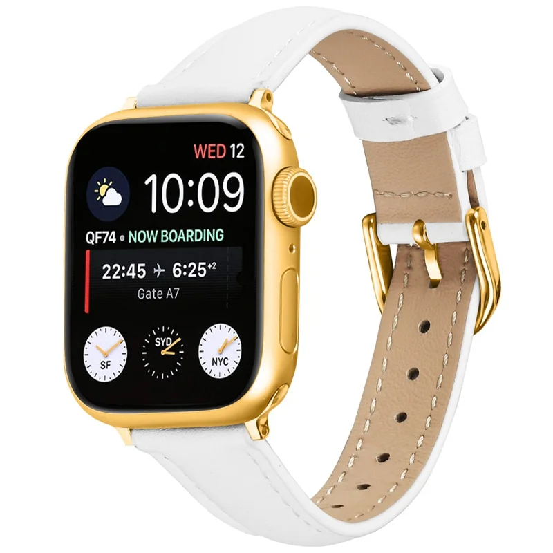 Correa para Apple Watch Series 10 Ultra 9 8 7 SE 6 5 4 3 2 1 46mm 49mm 45mm 44mm 42mm Hebilla Dorada Correa de Cuero Delgada - Blanco