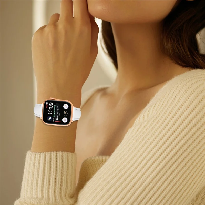 Watch Band for Apple Watch Series 10 Ultra 9 8 7 SE 6 5 4 3 2 1 46mm 49mm 45mm 44mm 42mm Rose Gold Buckle Slim Leather Strap - White