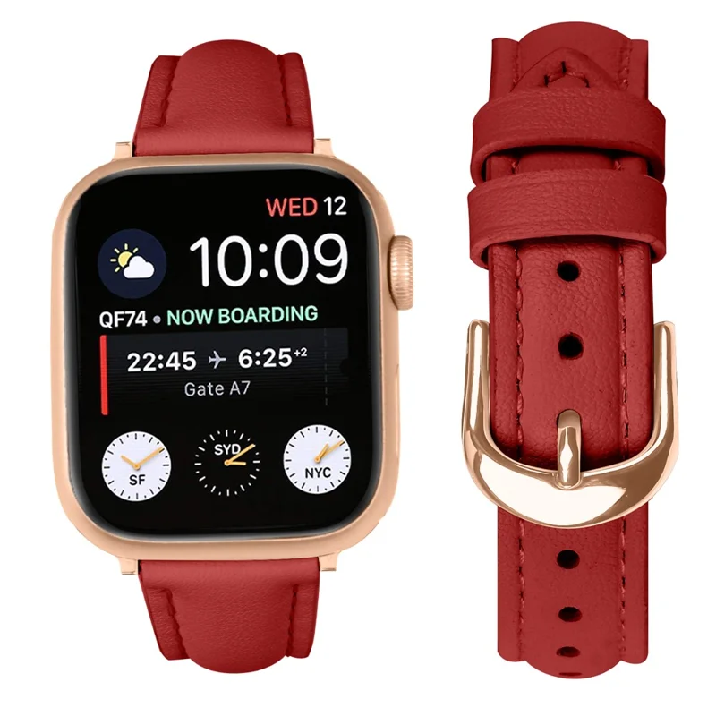 Watch Band for Apple Watch Ultra 3 2 1 49mm / Series 11 10 46mm / 9 8 7 45mm / SE3 SE2 SE 6 5 4 44mm / 3 2 1 42mm Rose Gold Buckle Slim Leather Strap - Red
