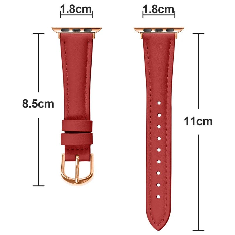 Watch Band for Apple Watch Ultra 3 2 1 49mm / Series 11 10 46mm / 9 8 7 45mm / SE3 SE2 SE 6 5 4 44mm / 3 2 1 42mm Rose Gold Buckle Slim Leather Strap - Red