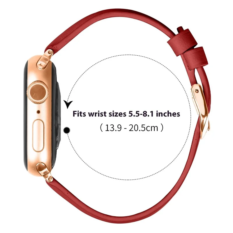 Watch Band for Apple Watch Ultra 3 2 1 49mm / Series 11 10 46mm / 9 8 7 45mm / SE3 SE2 SE 6 5 4 44mm / 3 2 1 42mm Rose Gold Buckle Slim Leather Strap - Red