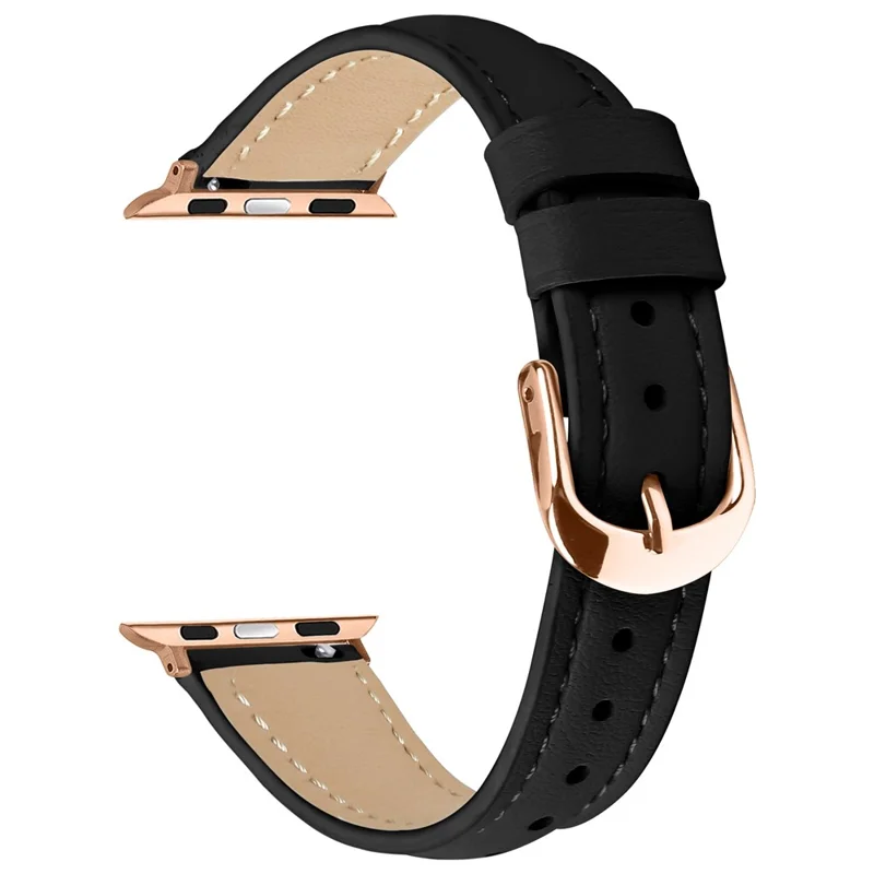 Watch Band for Apple Watch 11 10 Ultra 9 8 7 SE 6 5 4 3 2 1 46mm 49mm 45mm 44mm 42mm Rose Gold Buckle Slim Leather Strap - Black