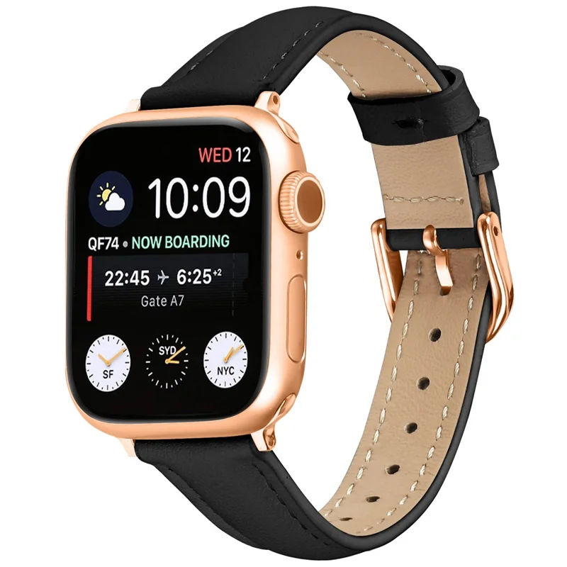 Watch Band for Apple Watch 11 10 Ultra 9 8 7 SE 6 5 4 3 2 1 46mm 49mm 45mm 44mm 42mm Rose Gold Buckle Slim Leather Strap - Black