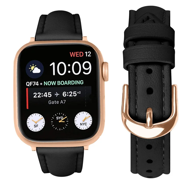 Watch Band for Apple Watch 11 10 Ultra 9 8 7 SE 6 5 4 3 2 1 46mm 49mm 45mm 44mm 42mm Rose Gold Buckle Slim Leather Strap - Black