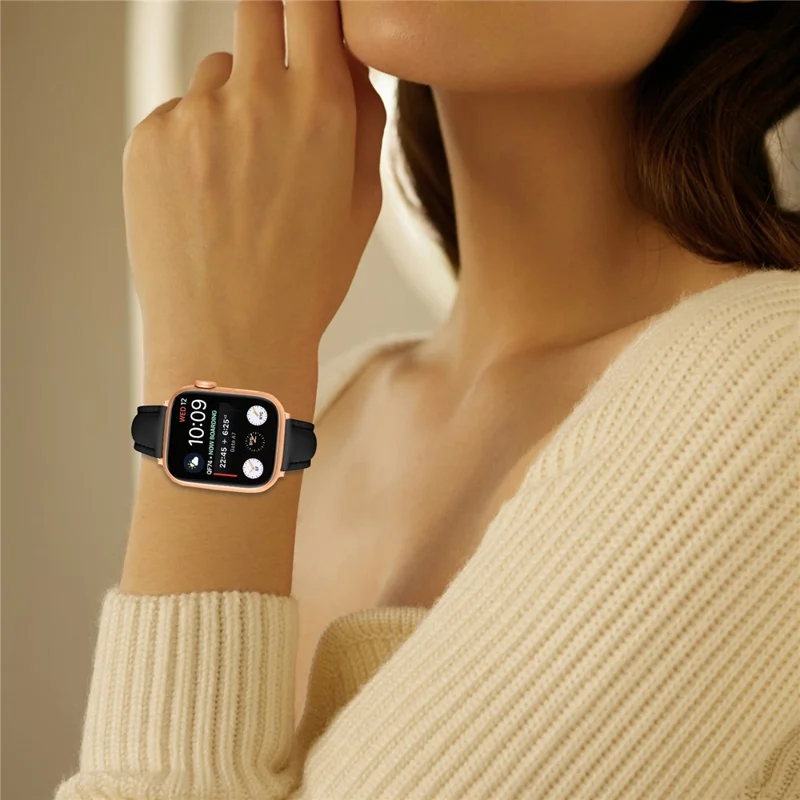 Watch Band for Apple Watch 11 10 Ultra 9 8 7 SE 6 5 4 3 2 1 46mm 49mm 45mm 44mm 42mm Rose Gold Buckle Slim Leather Strap - Black
