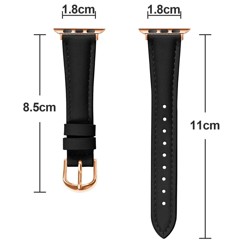 Watch Band for Apple Watch 11 10 Ultra 9 8 7 SE 6 5 4 3 2 1 46mm 49mm 45mm 44mm 42mm Rose Gold Buckle Slim Leather Strap - Black