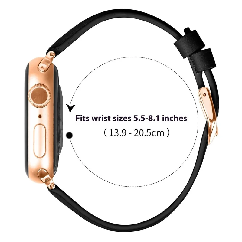 Watch Band for Apple Watch 11 10 Ultra 9 8 7 SE 6 5 4 3 2 1 46mm 49mm 45mm 44mm 42mm Rose Gold Buckle Slim Leather Strap - Black