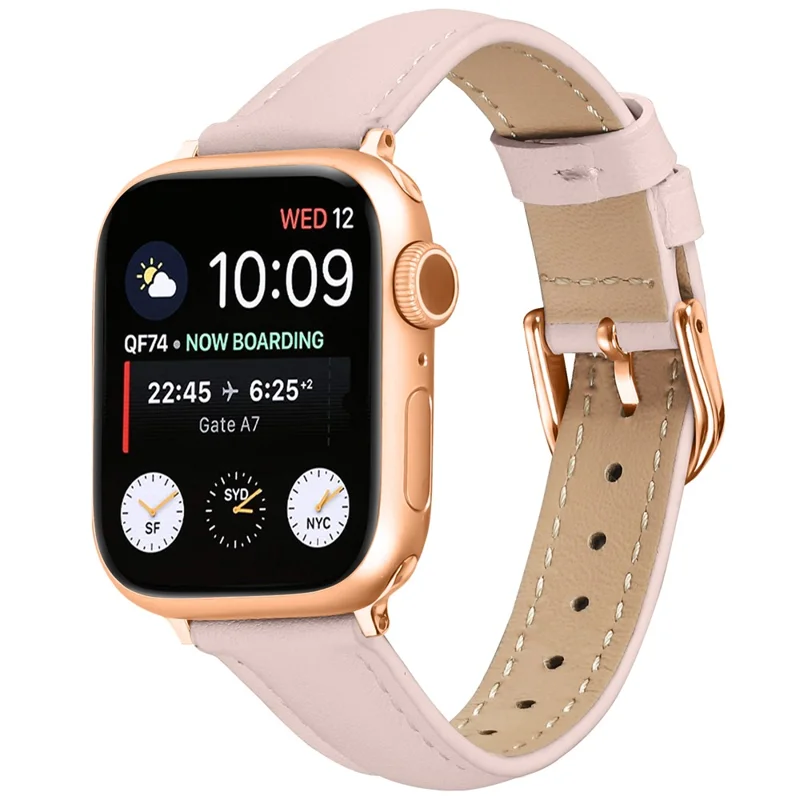 Watch Band for Apple Watch Series 10 Ultra 9 8 7 SE 6 5 4 3 2 1 46mm 49mm 45mm 44mm 42mm Rose Gold Buckle Slim Leather Strap - Pink