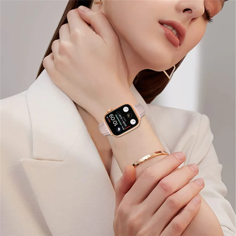 Watch Band for Apple Watch Series 10 Ultra 9 8 7 SE 6 5 4 3 2 1 46mm 49mm 45mm 44mm 42mm Rose Gold Buckle Slim Leather Strap - Pink
