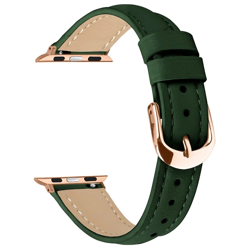 Watch Band for Apple Watch Ultra 3 2 1 49mm / Series 11 10 46mm / 9 8 7 45mm / SE3 SE2 SE 6 5 4 44mm / 3 2 1 42mm Rose Gold Buckle Slim Leather Strap - Green