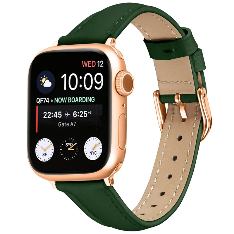 Watch Band for Apple Watch Ultra 3 2 1 49mm / Series 11 10 46mm / 9 8 7 45mm / SE3 SE2 SE 6 5 4 44mm / 3 2 1 42mm Rose Gold Buckle Slim Leather Strap - Green