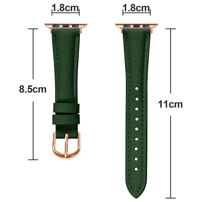 Watch Band for Apple Watch Ultra 3 2 1 49mm / Series 11 10 46mm / 9 8 7 45mm / SE3 SE2 SE 6 5 4 44mm / 3 2 1 42mm Rose Gold Buckle Slim Leather Strap - Green