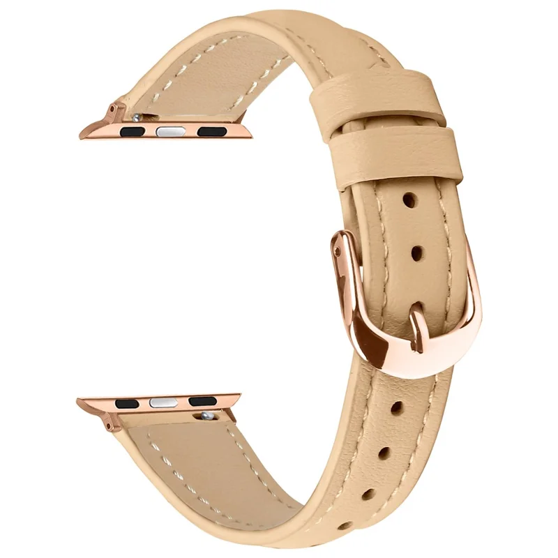 Watch Band for Apple Watch Ultra 3 2 1 49mm / Series 11 10 46mm / 9 8 7 45mm / SE3 SE2 SE 6 5 4 44mm / 3 2 1 42mm Rose Gold Buckle Slim Leather Strap - Camel