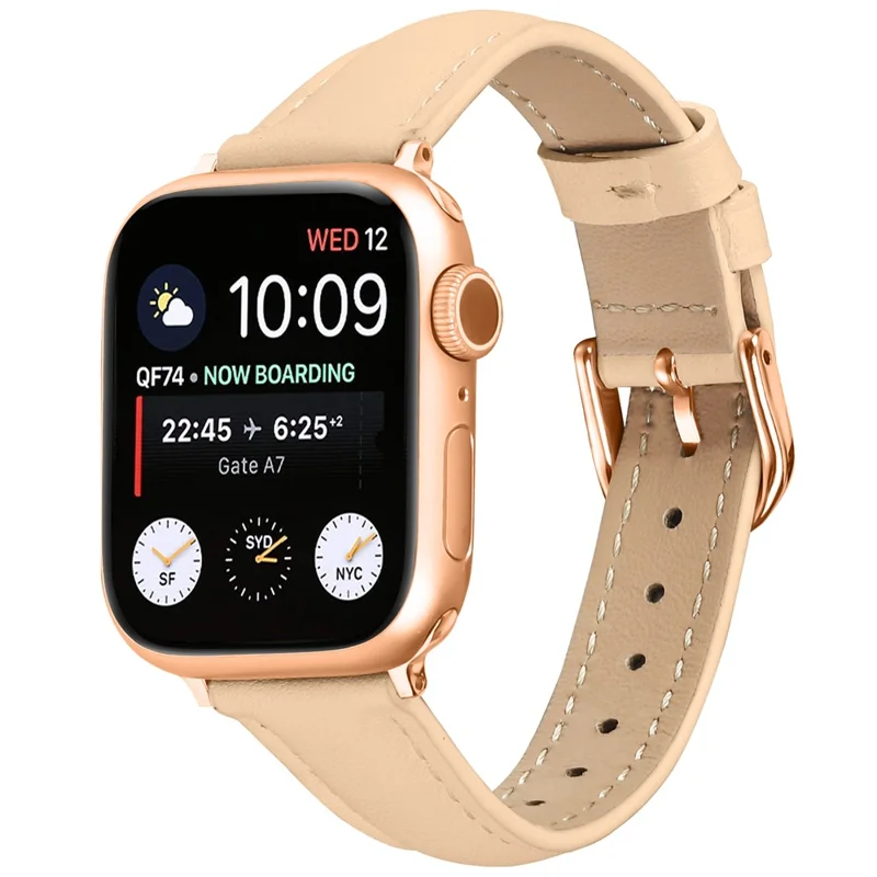 Watch Band for Apple Watch Ultra 3 2 1 49mm / Series 11 10 46mm / 9 8 7 45mm / SE3 SE2 SE 6 5 4 44mm / 3 2 1 42mm Rose Gold Buckle Slim Leather Strap - Camel