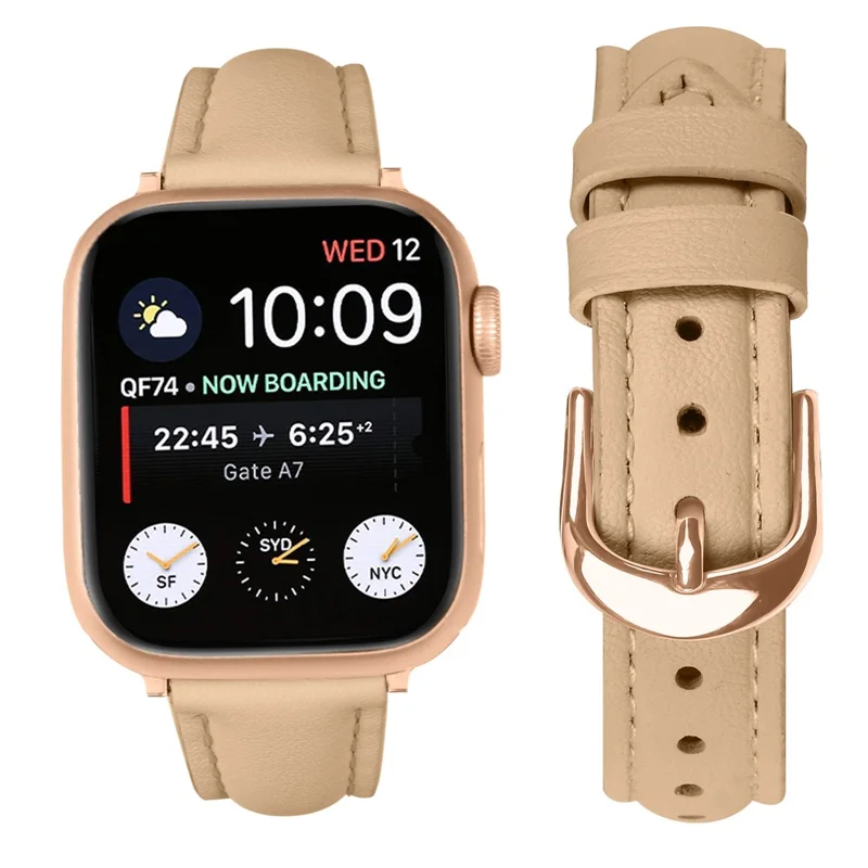 Watch Band for Apple Watch Ultra 3 2 1 49mm / Series 11 10 46mm / 9 8 7 45mm / SE3 SE2 SE 6 5 4 44mm / 3 2 1 42mm Rose Gold Buckle Slim Leather Strap - Camel
