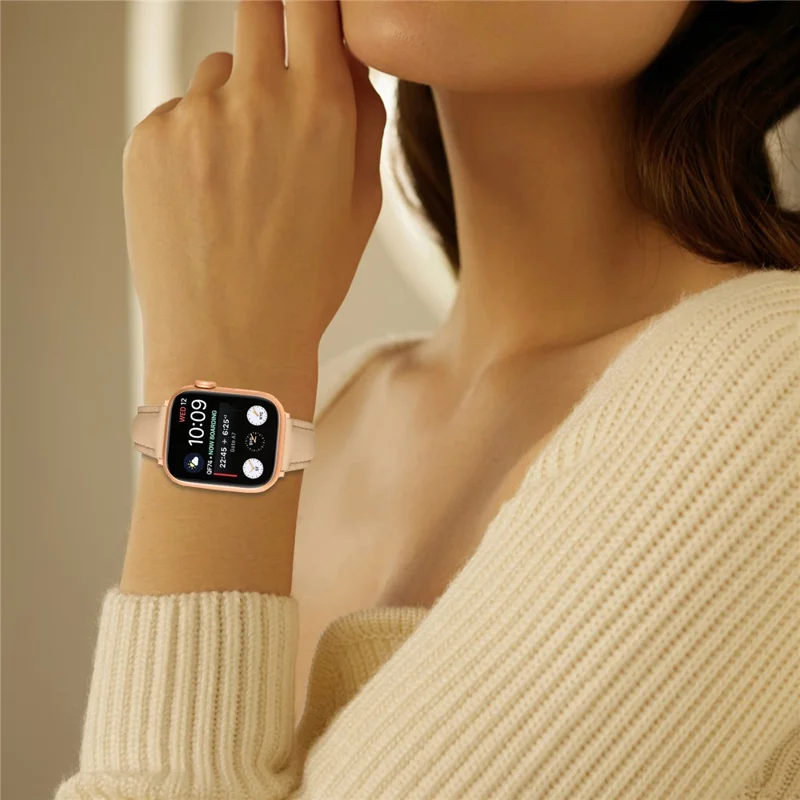 Watch Band for Apple Watch Ultra 3 2 1 49mm / Series 11 10 46mm / 9 8 7 45mm / SE3 SE2 SE 6 5 4 44mm / 3 2 1 42mm Rose Gold Buckle Slim Leather Strap - Camel