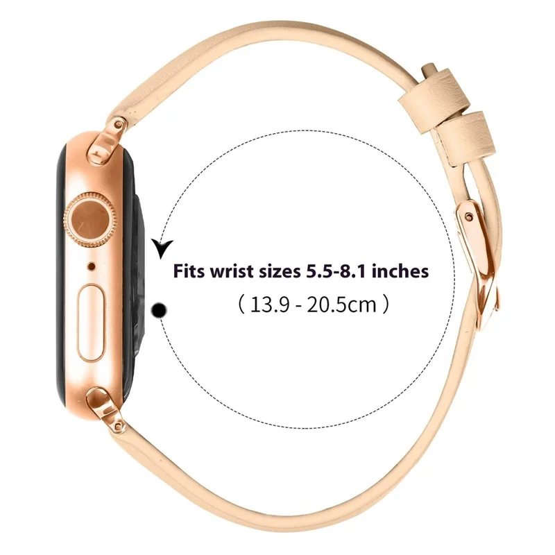 Watch Band for Apple Watch Ultra 3 2 1 49mm / Series 11 10 46mm / 9 8 7 45mm / SE3 SE2 SE 6 5 4 44mm / 3 2 1 42mm Rose Gold Buckle Slim Leather Strap - Camel