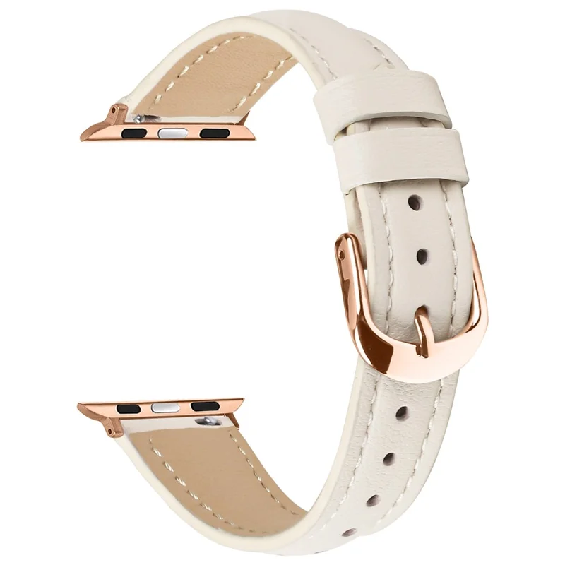 Watch Band for Apple Watch Series 10 Ultra 9 8 7 SE 6 5 4 3 2 1 46mm 49mm 45mm 44mm 42mm Rose Gold Buckle Slim Leather Strap - Apricot