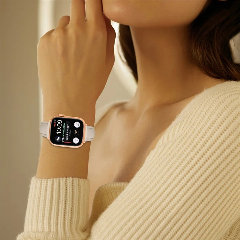 Watch Band for Apple Watch Series 10 Ultra 9 8 7 SE 6 5 4 3 2 1 46mm 49mm 45mm 44mm 42mm Rose Gold Buckle Slim Leather Strap - Apricot