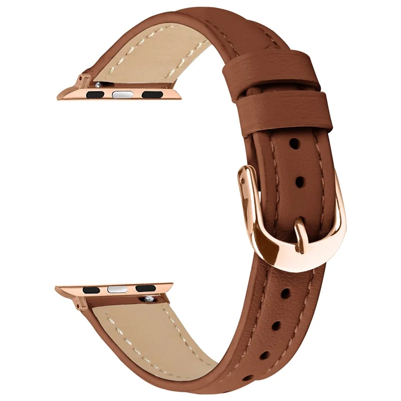 Watch Band for Apple Watch Series 10 Ultra 9 8 7 SE 6 5 4 3 2 1 46mm 49mm 45mm 44mm 42mm Rose Gold Buckle Slim Leather Strap - Brown