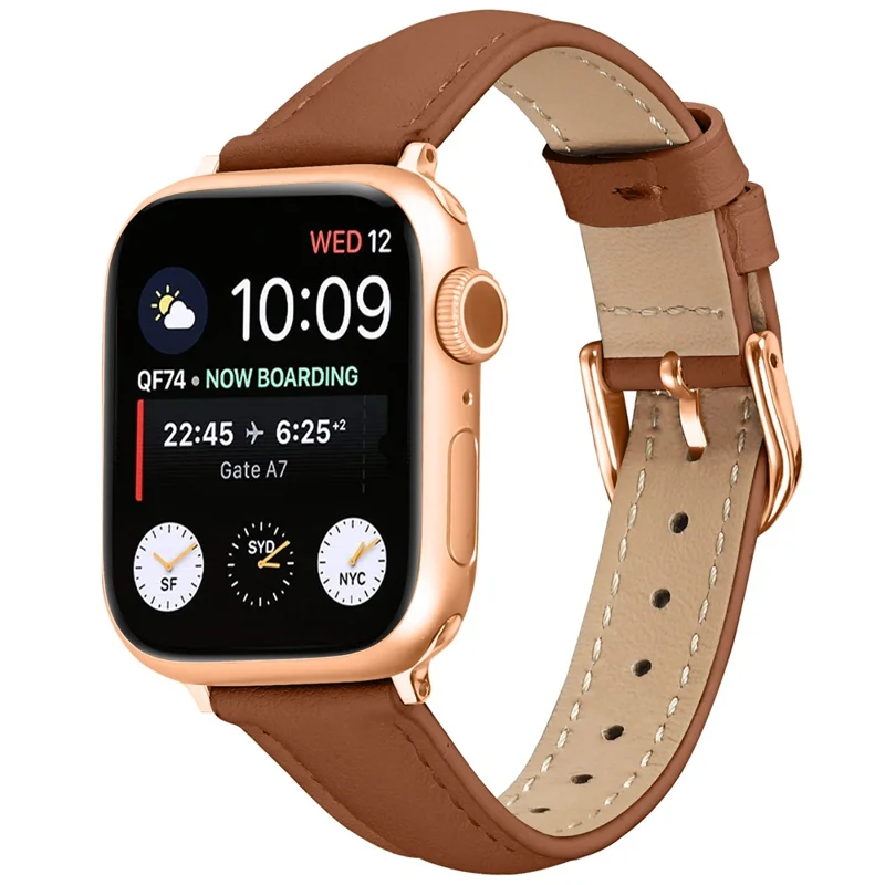 Watch Band for Apple Watch Series 10 Ultra 9 8 7 SE 6 5 4 3 2 1 46mm 49mm 45mm 44mm 42mm Rose Gold Buckle Slim Leather Strap - Brown