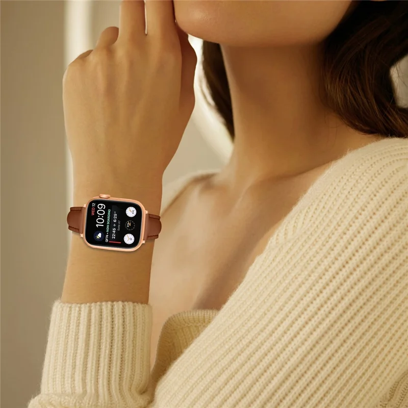 Watch Band for Apple Watch Series 10 Ultra 9 8 7 SE 6 5 4 3 2 1 46mm 49mm 45mm 44mm 42mm Rose Gold Buckle Slim Leather Strap - Brown