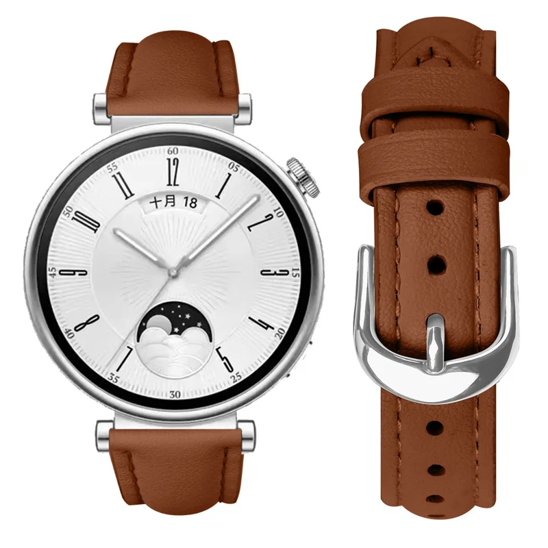 Ремешок для часов Huawei Watch GT 4 41мм с серебристой пряжкой, узкий кожаный - коричневый