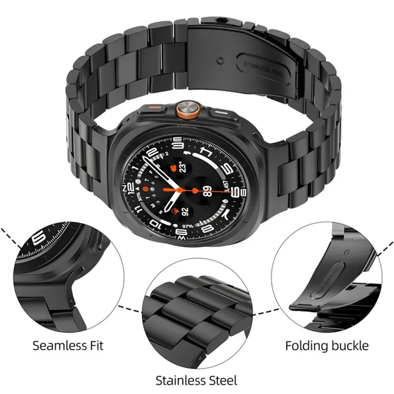 Сменный ремешок для Samsung Galaxy Watch8 44 мм / 40 мм / 8 Classic 46 мм Металлический ремешок для часов 3-бусинный дизайн с застежкой-бабочкой - черный