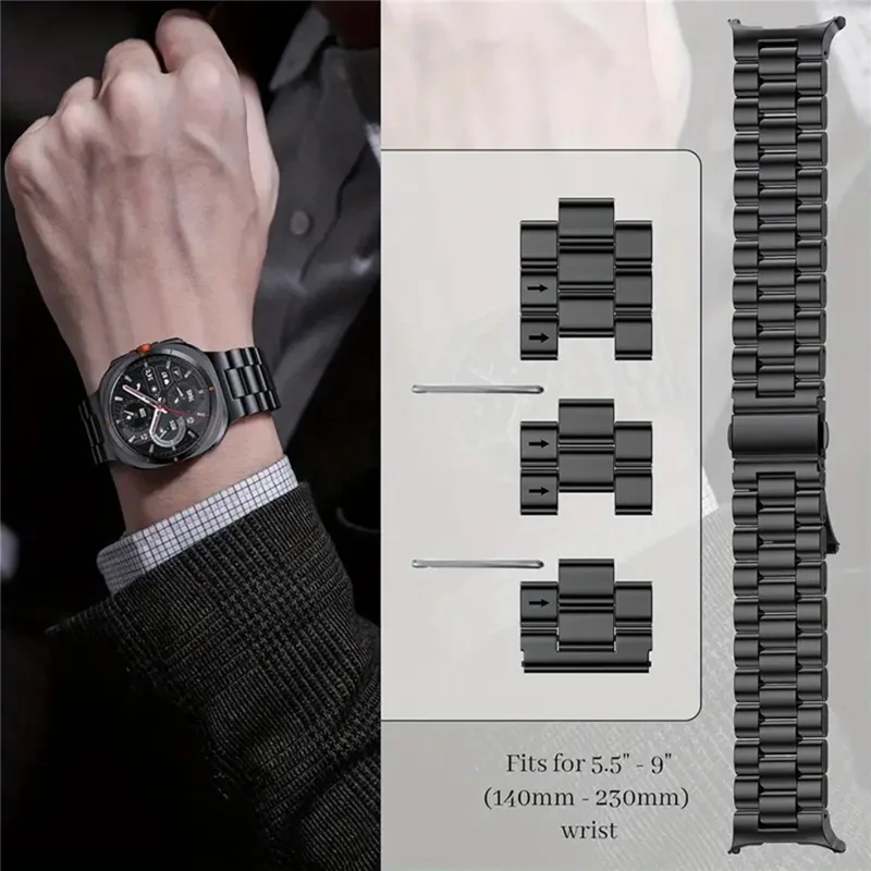 Сменный ремешок для Samsung Galaxy Watch8 44 мм / 40 мм / 8 Classic 46 мм Металлический ремешок для часов 3-бусинный дизайн с застежкой-бабочкой - черный